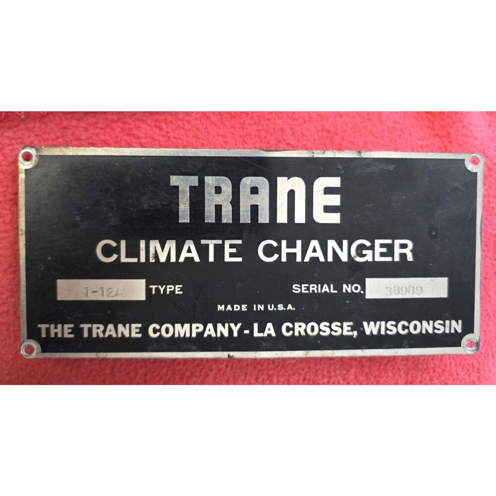 Vintage TRANE Climate Changer Furnace Plate Serial 38980 Type 1-12A Collectable